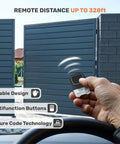 Remote control operating Heavy Duty Dual Swing Gate Opener Kit for gates up to 20 feet, showcasing durable design and secure code technology.