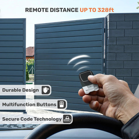 Remote control operating Heavy Duty Dual Swing Gate Opener Kit for gates up to 20 feet, showcasing durable design and secure code technology.