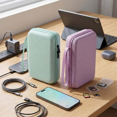 Road Trip Ready Hard Shell Electronics Organizer Case For Macbook Chargers Adapters Cables Power Bank Usb Drives Sd Cards And Tech Gears With Shockproof Protection Green Bag on wooden desk.