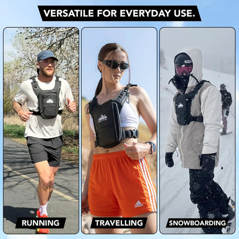 Three people using the Everyday Chest Pack For Hiking, Skiing, Running And Travel With Grab And Go Phone Pocket in different outdoor activities.