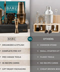 Mixology Bartender Kit Bar Set with 14-piece brass & black tools, 28oz Boston shaker, bamboo organizer, recipe cards, and comparison chart