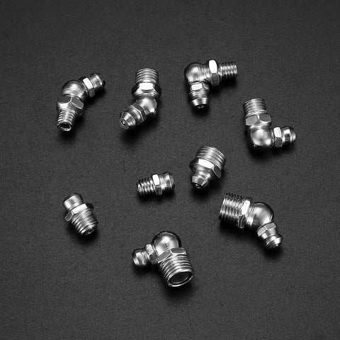 60 Piece Metric Grease Fittings Kit With Straight And Angled Zerk Fittings M6 M8 M10 on dark background, close-up view