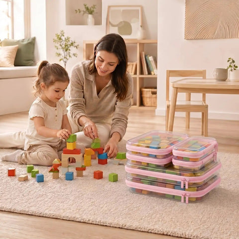 Straight Up Tough Clear Hard Shell Zipper Cases Six Piece Set With Two Large Medium And Small Sizes For Travel Beauty And Everyday Carry In Fresh Pink Heavy Duty Storage Pouches with colorful stacking blocks.