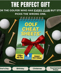 Golf Cheat Sheets Pocket Guide with red bow, surrounded by golf balls, tees, glove, and club on green background