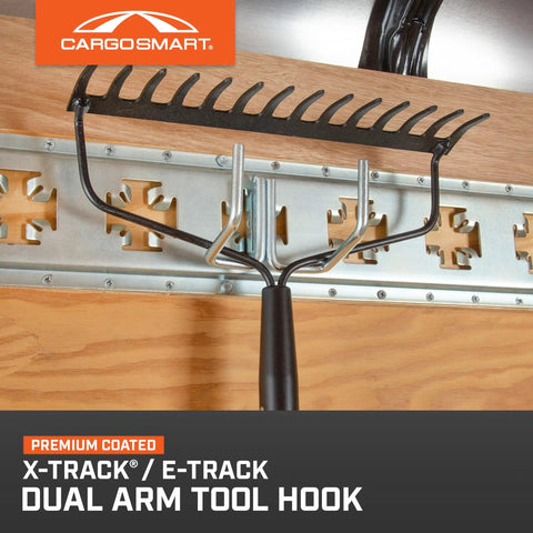 Heavy Duty Dual Arm Tool Hook For E Track And X Track Stores Long Handled Tools Like Brooms And Rakes 200 Lb Capacity