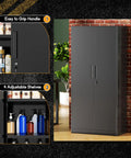 72 Inch Black Steel Locking Cabinet With Doors And 4 Adjustable Shelves, shown closed with handle close-up and shelf view