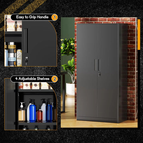 72 Inch Black Steel Locking Cabinet With Doors And 4 Adjustable Shelves, shown closed with handle close-up and shelf view