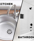 Split view: stainless kitchen sink with curved faucet and drain left; white tiled bathroom shower with black fixtures right.