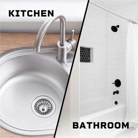 Split view: stainless kitchen sink with curved faucet and drain left; white tiled bathroom shower with black fixtures right.