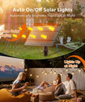 Outdoor Solar String Lights With Remote No Outlet Needed, 106 Ft Total Length, 100 Ft Lights And 6 Ft Panel Lead, 54 LED Shatterproof G40 Bulbs, USB Charging, 20 Hour Runtime, Dimmable And Timable, Waterproof For Patio Backyard Garden Decor in use during the day and night in a garden.