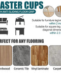 Two By Two Rubber Caster Cups Set Of Four Non Slip Round Furniture Pads With Anti Slip Gripper Floor Grip For Beds Couches And Tables Stay Put On Any Floor Surface Leg Coasters And Floor Protectors, illustrated with various flooring types and furniture examples.