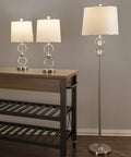 Three Piece Sleek Modern Brushed Steel Lamp Set For Living Room With Table Lamps And Floor Lamp, White Fabric Drum Shades
