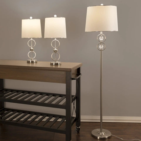 Three Piece Sleek Modern Brushed Steel Lamp Set For Living Room With Table Lamps And Floor Lamp, White Fabric Drum Shades