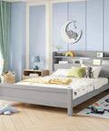 Full Pine Wood Bed With Bookcase Headboard And LED Motion Sensor Light gray finish in a kid-friendly bedroom setting.