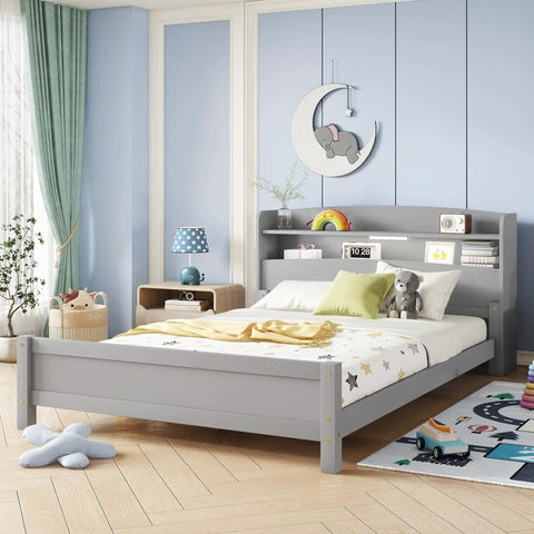 Full Pine Wood Bed With Bookcase Headboard And LED Motion Sensor Light gray finish in a kid-friendly bedroom setting.