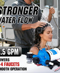 Quiet 12V RV Water Diaphragm Pump Replacement For Camper Marine Boat Travel Trailer And Off Grid Use On Demand Self Priming With Adjustable Pressure Switch 3 Point 5 GPM 45 PSI shown in use with outdoor shower on RV