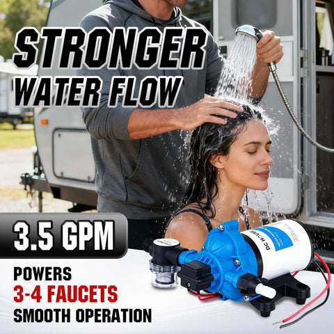 Quiet 12V RV Water Diaphragm Pump Replacement For Camper Marine Boat Travel Trailer And Off Grid Use On Demand Self Priming With Adjustable Pressure Switch 3 Point 5 GPM 45 PSI shown in use with outdoor shower on RV