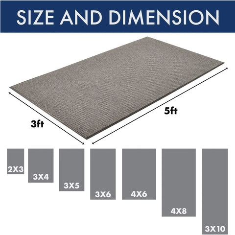 Size chart for Polynib Indoor Entrance Mat 3 ft by 6 ft gray with dimensions, showing comparison to other mat sizes.