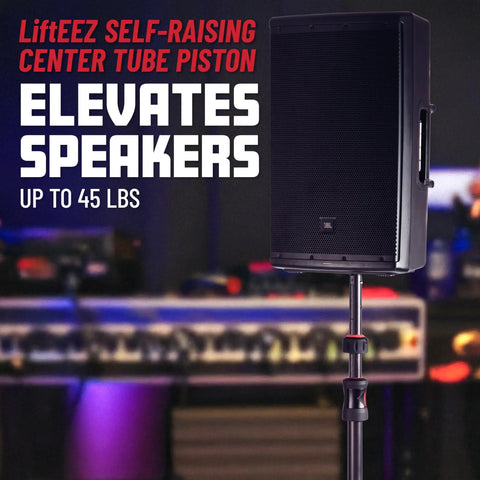 Pro Grade Heavy Duty Speaker Stand Set With LiftEEZ Self Raising Piston elevating a speaker in a studio setting.