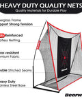 Golf Practice Net Set 10x7ft Heavy Duty Net With Mat Target Cloth shown with durable fiberglass frame and reinforced netting.