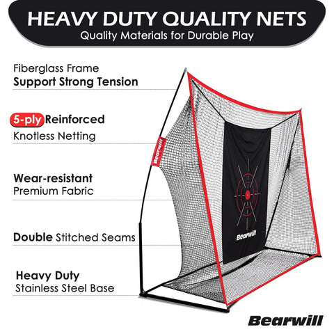 Golf Practice Net Set 10x7ft Heavy Duty Net With Mat Target Cloth shown with durable fiberglass frame and reinforced netting.
