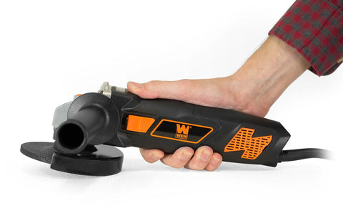 WEN 7-Amp angle grinder with 4-1/2-inch wheel, black and orange body, held in hand
