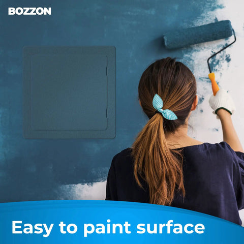 Heavy Duty Drywall Access Panel 12 By 12 Inch - Slick White Wall Hole Cover And Plumbing Access Door For Hvac Electrical Wiring - No Sweat Quick Install That Is Totally Solid - shown on painted wall with paint roller.