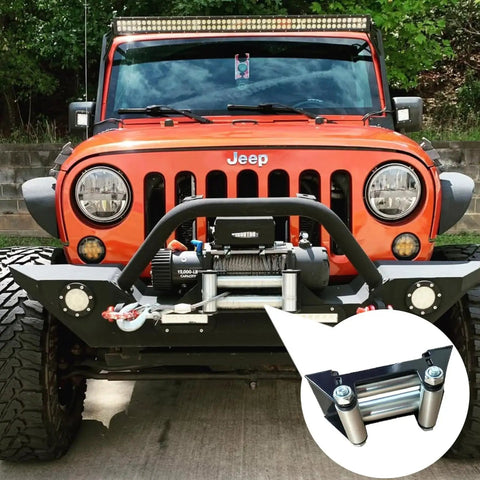 Orange Jeep with 4 7 8 Inch Winch Roller Fairlead For ATV UTV Winches 4500 Lbs Max, Stainless Steel Rollers