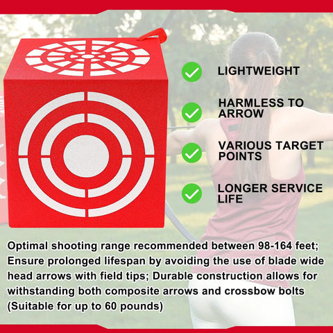 Red 3D Foam Archery Target with Six Sided Dice Cube, 13 Inch, showcasing target patterns and durability features.