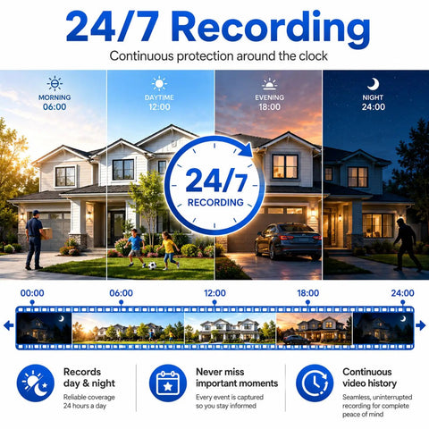 Infographic showing 24/7 recording features of All In One WiFi Security Camera System With NVR Kit, 4 1080P Bullet Cameras, 2TB HDD Included.