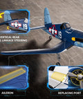 Blue F4U Corsair RC plane on ground showing vertical rear wheel linkage, aileron detail, and replacing port close-ups.
