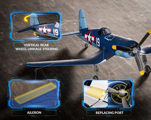 Blue F4U Corsair RC plane on ground showing vertical rear wheel linkage, aileron detail, and replacing port close-ups.