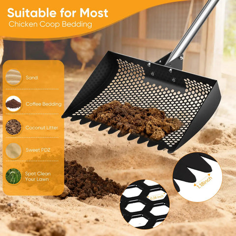 Heavy Duty 12 Inch 2-In-1 Chicken Poop Scooper And Rake with ergonomic grip sifting sand and litter in coop.
