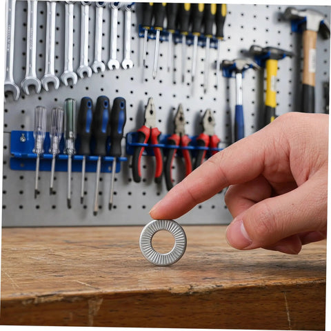 M6 Conical Knurled Spring Washers 40 Pack Heavy Duty 304 Stainless Steel on wooden surface with tools in background.