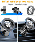 Kaistyle MagSafe car mount with two bases; circular silver/black magnetic phone holder for dashboard.