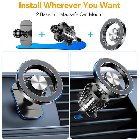 Kaistyle MagSafe car mount with two bases; circular silver/black magnetic phone holder for dashboard.