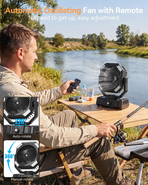 Man using Misting Fan For Camping With Light, Rechargeable Portable Tent Fan With 300ml Water Tank by a lake, fishing.