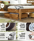 2 Inch Small Fixed Caster Wheels With Low Profile And Quiet Rolling For Furniture Drawers And Storage Bins Brown Set Of 4 Durable Thermoplastic Rubber Caster Wheels For Smooth Mobility And Easy Furniture Upgrades shown attached to wooden bed with storage.
