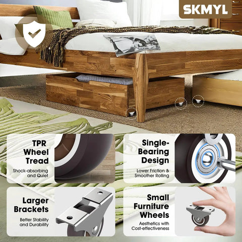 Smooth As Butter Low Profile Mini Caster Wheels 1.25 Inch For Home Furniture Drawers And Storage Bins Quiet TPR Glides in bedroom setting.
