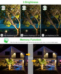Six In One Solar Spotlight Kit showing 3 brightness levels on a garden tree, house lighting with memory function, IP66 waterproof outdoor lighting