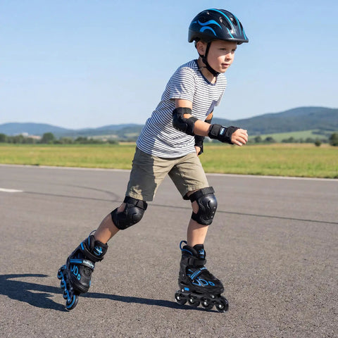 Child skating outdoors wearing Adjustable Kids Inline Skates With Four Size Settings And Bright Light Up Wheels For Boys And Girls