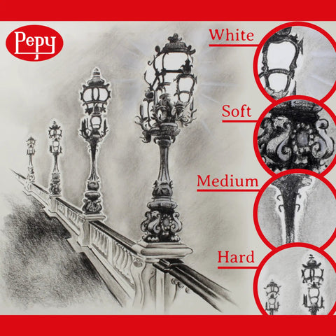 Charcoal drawing of ornate lamp posts with focus on white, soft, medium, and hard shading techniques.