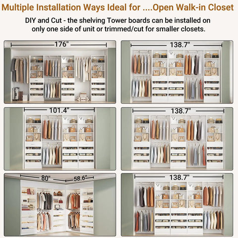 Heavy-Duty All-In-One Closet Organizer System With Extendable Hanging Rods showing various configurations for modular storage.
