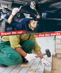 Man repairing a car and another laying bricks, wearing Killer Grip Tough White Cotton Liner Gloves Twenty Four Pair Non Slip Heavy Duty Safety Gear.