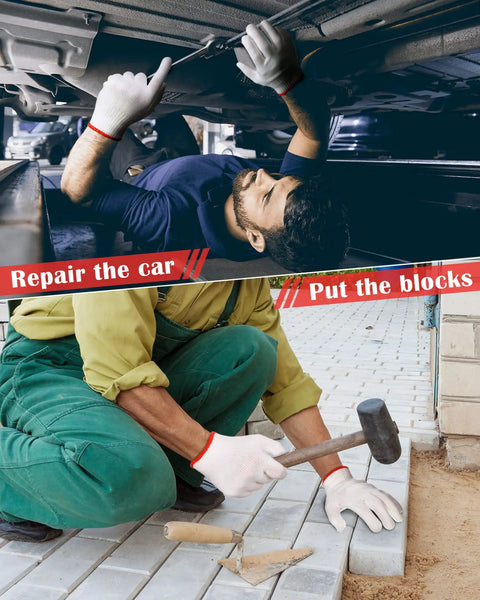 Man repairing a car and another laying bricks, wearing Killer Grip Tough White Cotton Liner Gloves Twenty Four Pair Non Slip Heavy Duty Safety Gear.