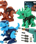 Three colorful Take Apart Dinosaur STEM Toys For Kids 3-5 With Electric Drill Educational Building Set.