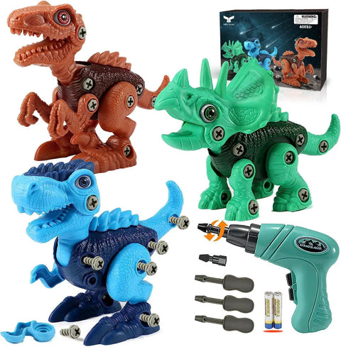 Three colorful Take Apart Dinosaur STEM Toys For Kids 3-5 With Electric Drill Educational Building Set.