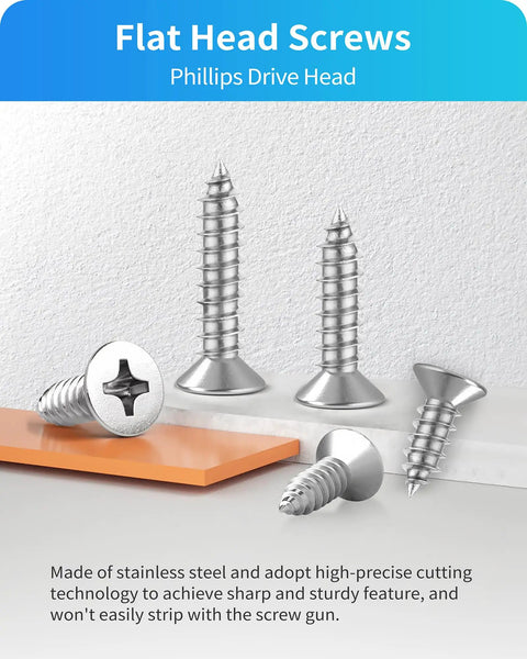 Hardcore 304 Stainless Steel Screw Assortment Kit With Phillips Flat Head Self Tapping Build For Wood And Sheet Metal In Sizes From Three Eighths To 2 Inches showing flat head screws on a work surface.