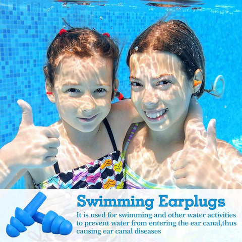 Children swimming underwater wearing silicone ear plugs for noise canceling and water protection, giving a thumbs-up.