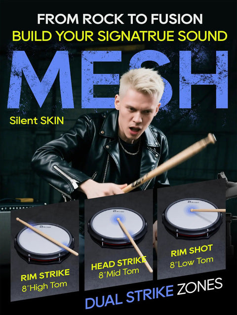 Man playing 700 Professional Electric Drum Set With Realistic Mesh Pads And 10 Inch Dual Zone Snare 30 Kits And 600 Plus Sounds